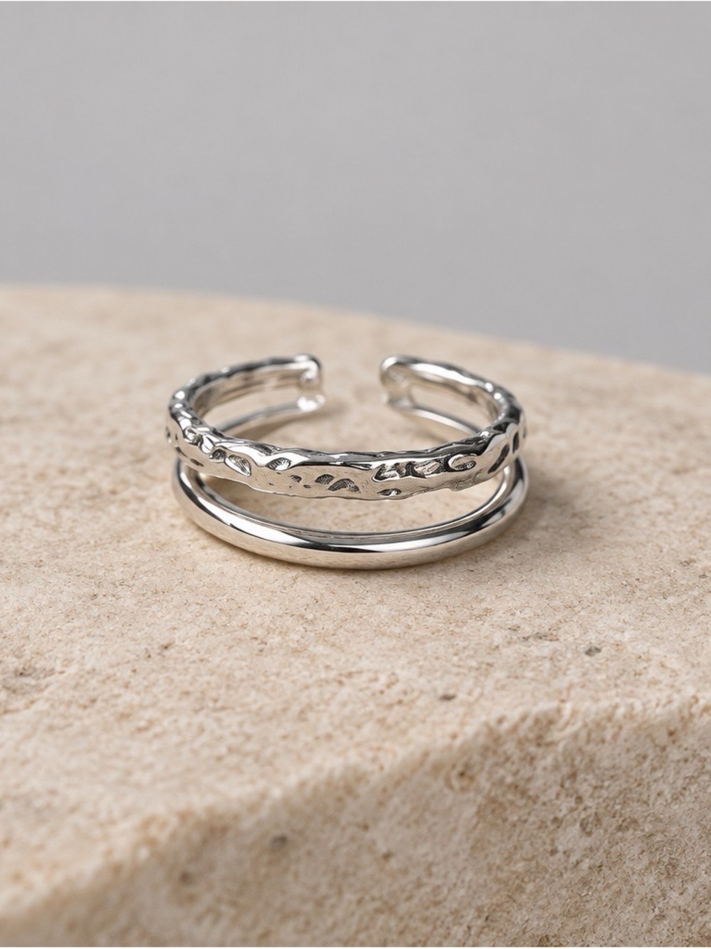 2393-35 925 Sterling Silver Textured Double Band Adjustable Ring